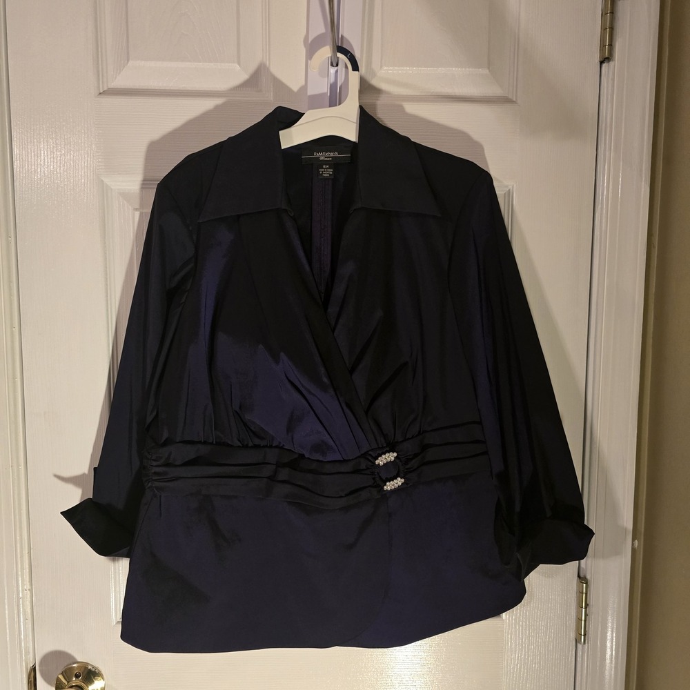 R&M Richards Navy Blue Taffeta Evening Jacket Rhinestone Buckle Plus Size 16W